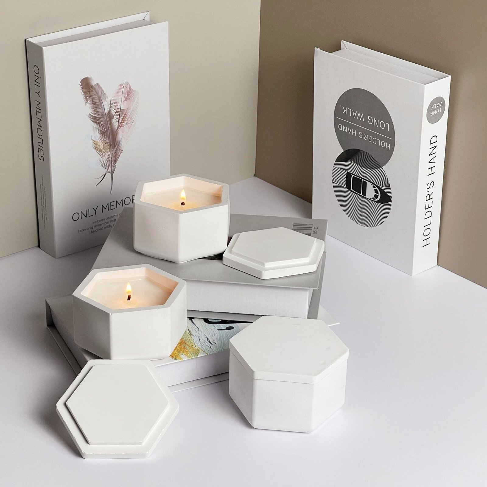 Close-up detail of textured plaster finish on geometric candle container