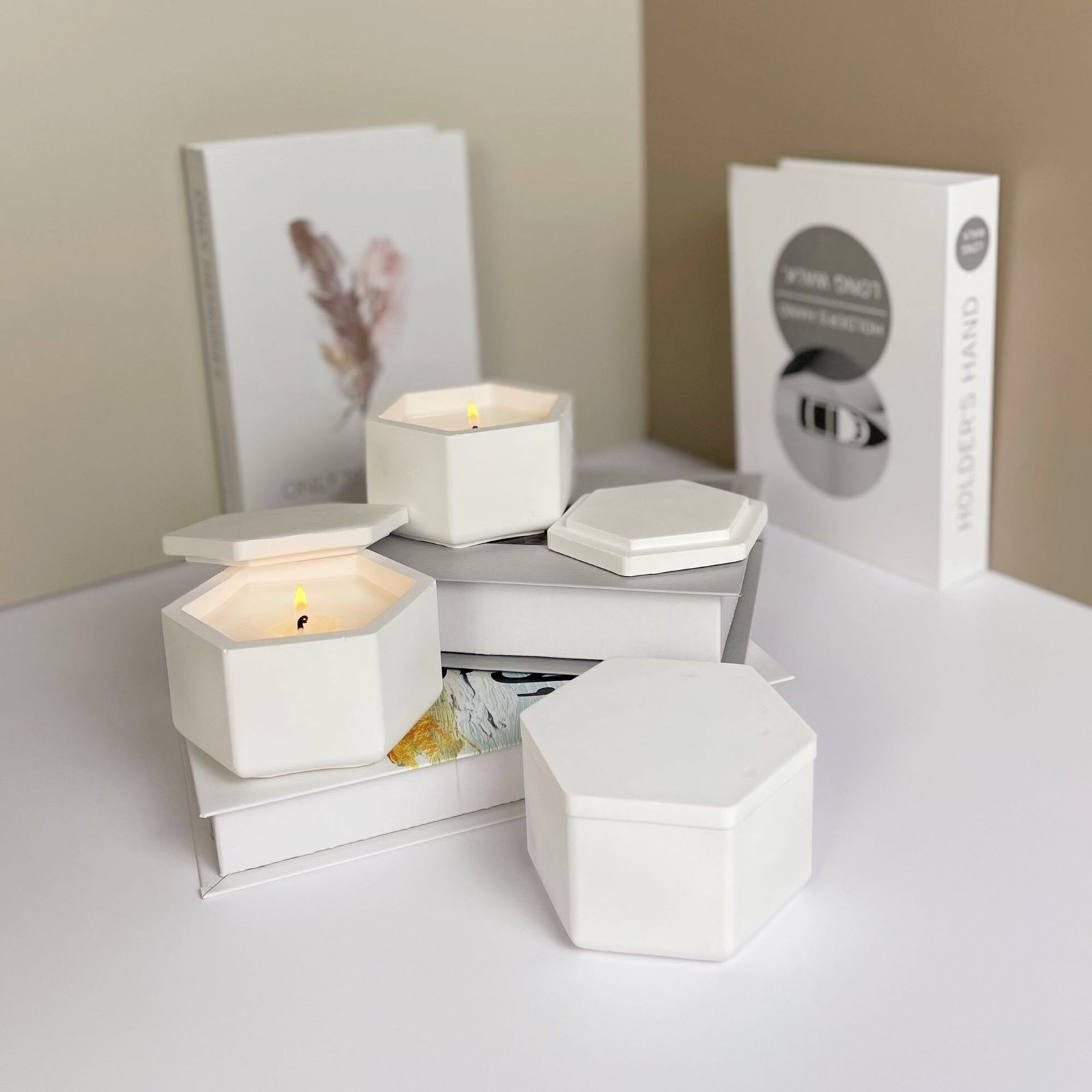 Hexagonal matte plaster candle container with geometric design for luxury candles