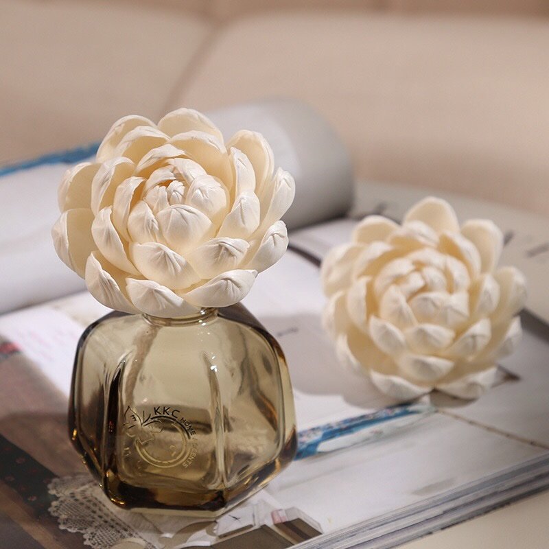 White lotus flower diffuser topper with natural stem for reed diffusers