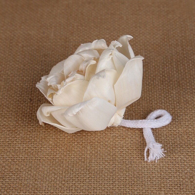 10cm white curled-petal rose with natural rattan stem for diffuser arrangements