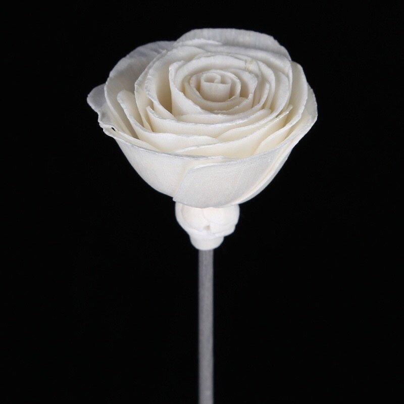 Macro detail of 6cm white Tong Cao rose, highlighting natural vine stem attachment and realistic curled petal texture.