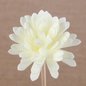 Close-up side view of handmade chrysanthemum bloom highlighting dimensional form and stem attachment points