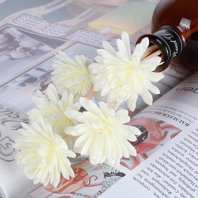 Overhead shot of 5cm chrysanthemum flower displaying symmetrical petal pattern and mounting options