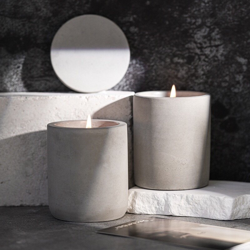 Four cement candle cups side by side, labeled with S, M, L, XL sizes and wax weight (130g, 170g, 150g, 180g).