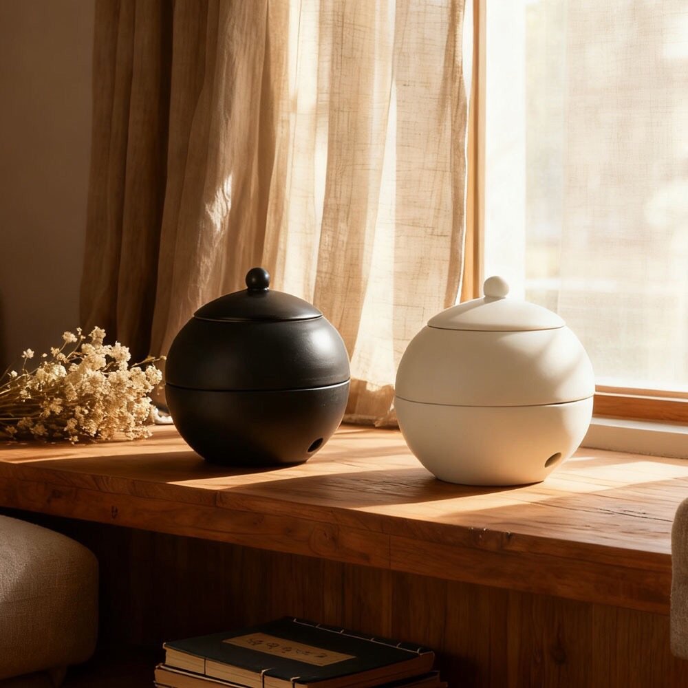 Ceramic oil burner in cozy home setting – perfect for essential oils and relaxing atmosphere.