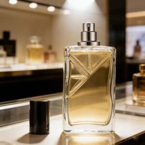 Square perfume bottle in a home or boutique setting – decorative use, with flowers or other items