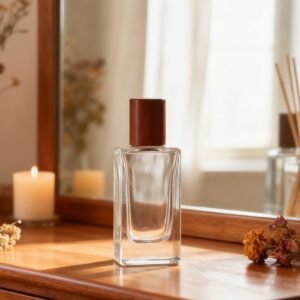 Clear square glass perfume bottle standing on a table – 50ml size, transparent, classic design