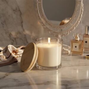 The 16oz jar filled with a soy wax candle, wooden wick burning, warm glow through clear glass.