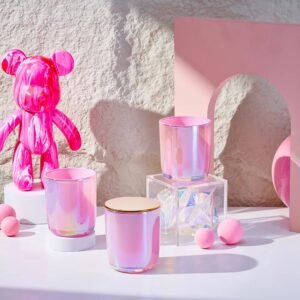 Close-up of 300ml rainbow iridescent glass jar in pink electroplated finish – shiny prismatic surface, candle jar with shimmering effect