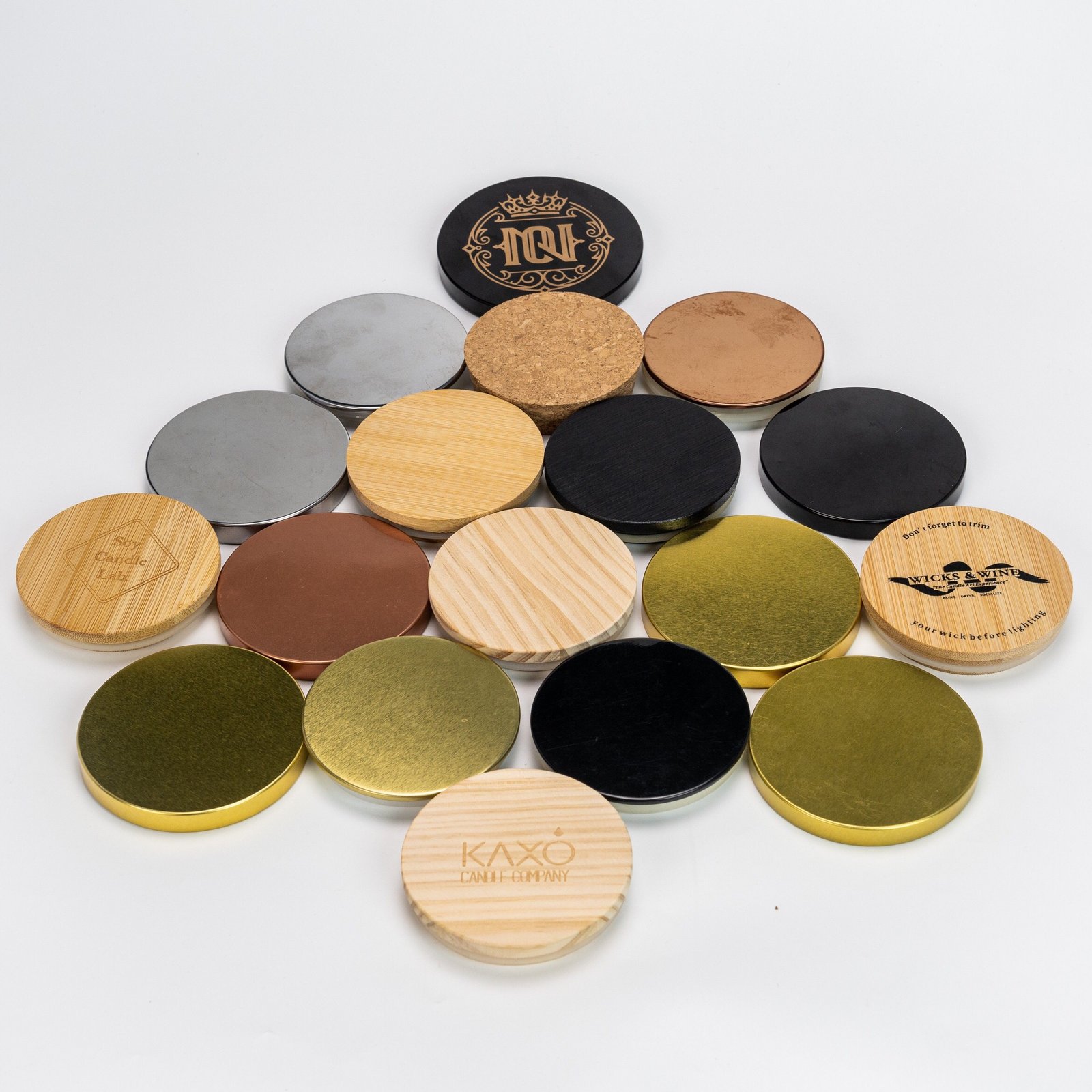 Lid options for 300ml rainbow iridescent glass jar – wooden lid, bamboo lid, aluminum lid, and other cap styles displayed together