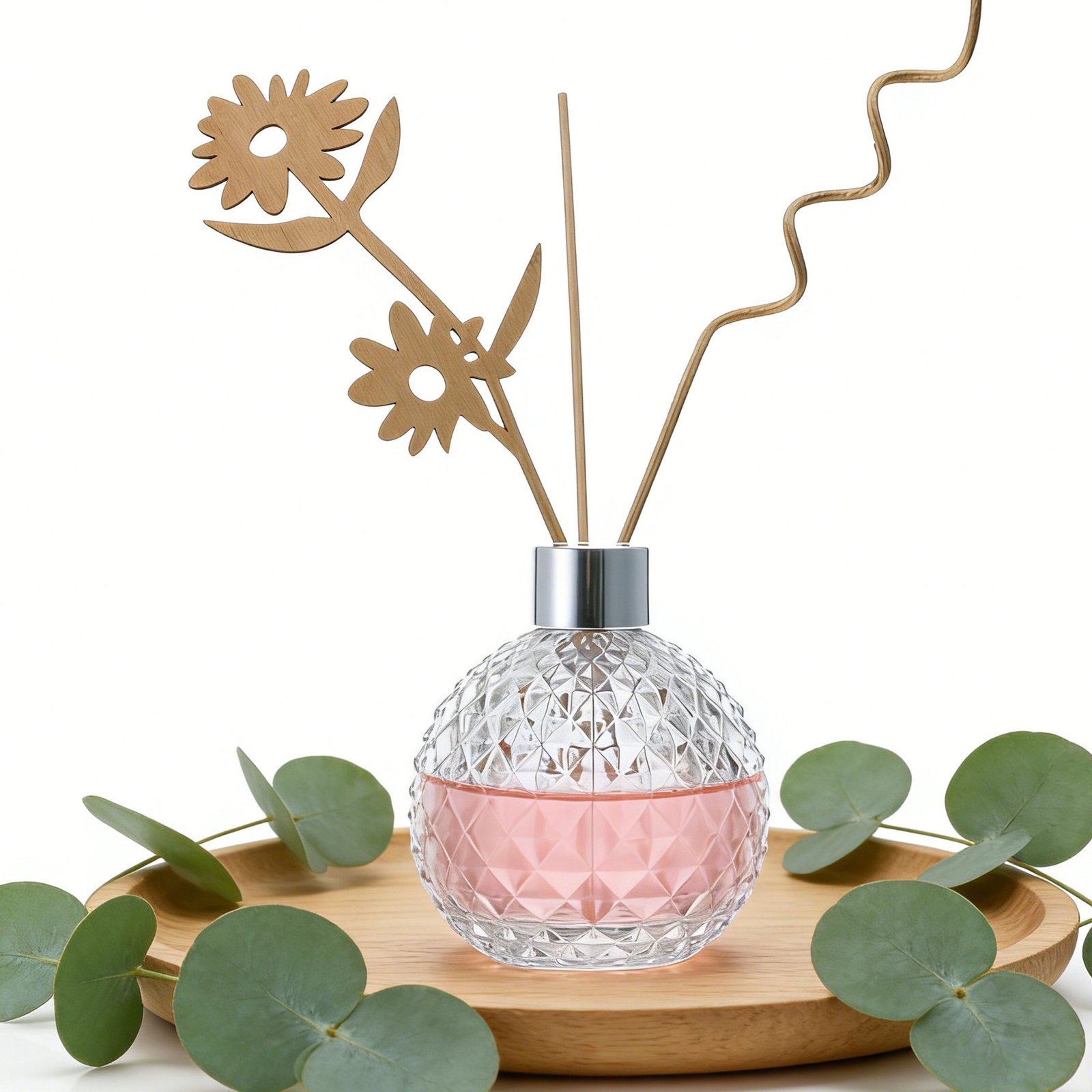 100ml diamond round ball aromatherapy bottle with rattan sticks and dried flowers on a wooden table – home fragrance use case