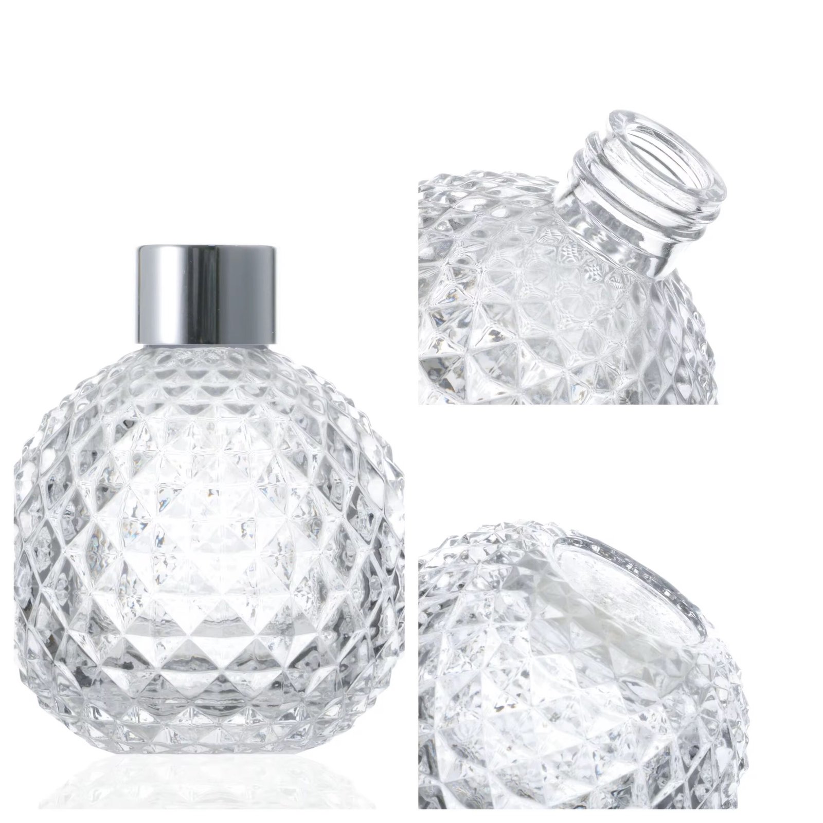 Three 100ml diamond round ball aromatherapy bottles in different colors or angles – showing faceted texture and shape details