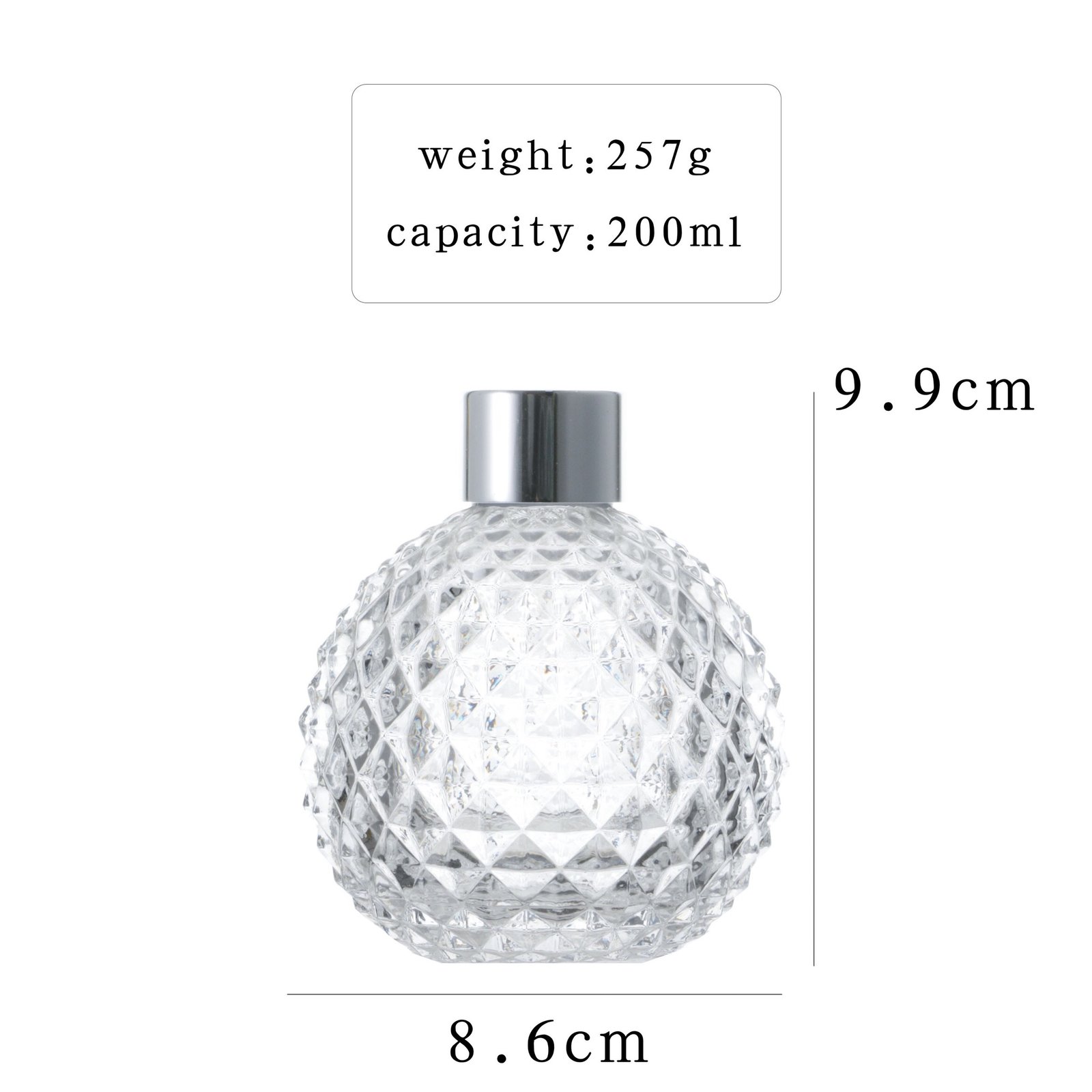 Dimension diagram of 100ml diamond round ball aromatherapy bottle – height, width, neck diameter measurements labeled