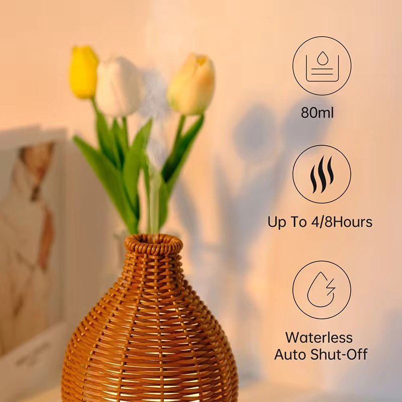Rattan aromatherapy diffuser standing alone – natural woven exterior, white base, light wood grain, clean product display