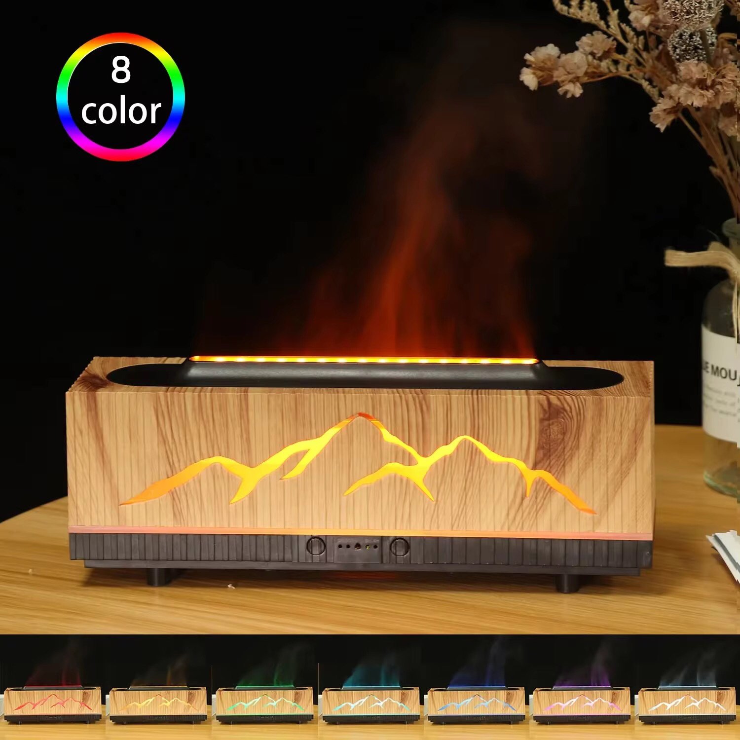 Light wood grain flame diffuser with mist and glowing flame effect – natural tone, perfect for living room or office desk
