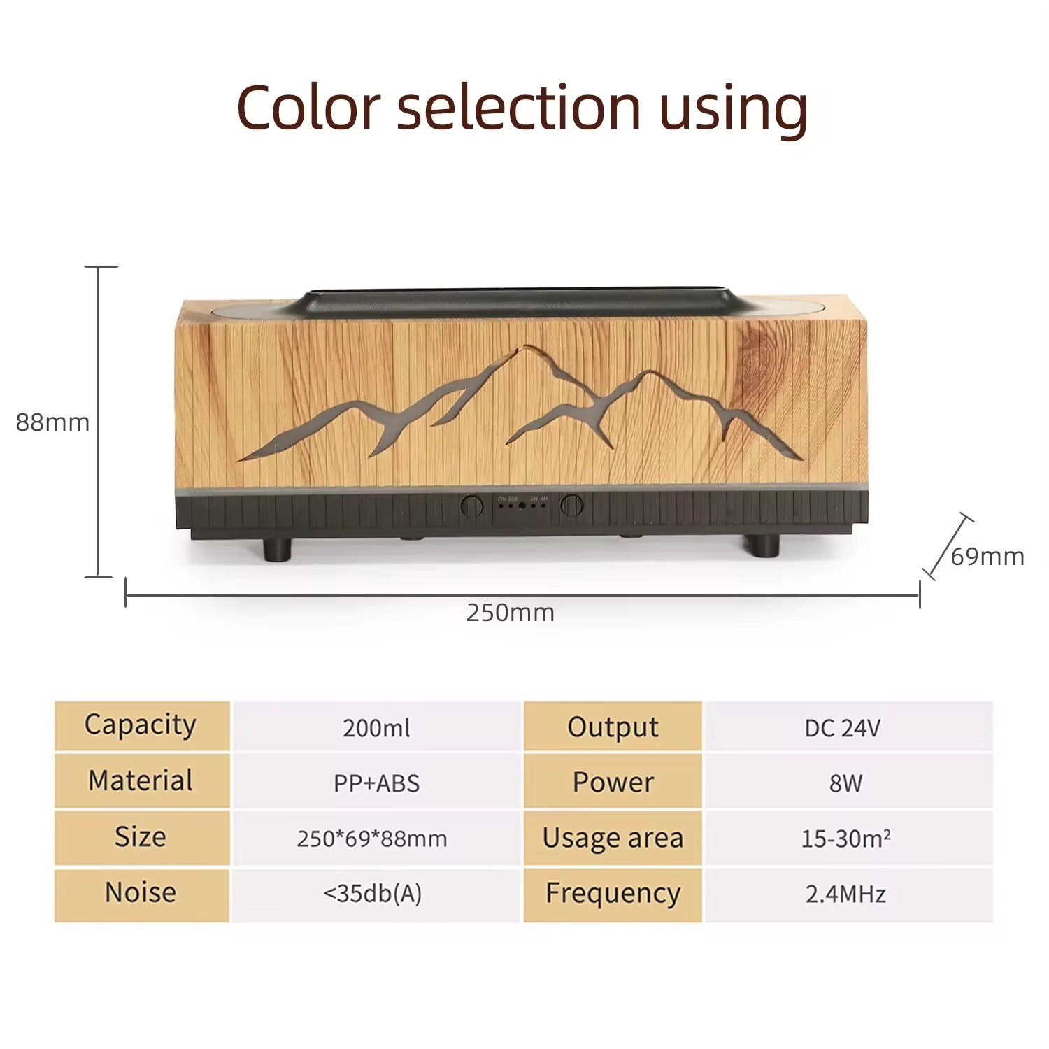 Dimension diagram of flame aromatherapy diffuser – product measurements labeled