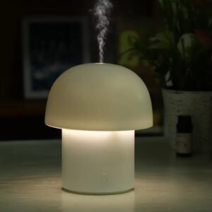 Mushroom lamp aromatherapy diffuser glowing in a dark room – warm LED light, soft mist, home decor