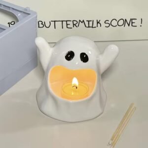 Three-quarter view of Halloween ghost wax melt burner – empty, without candle, clean ceramic texture