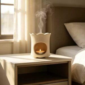 Yellow petal‑edge oil burner with lit candle inside – warm glow, 50ml top dish